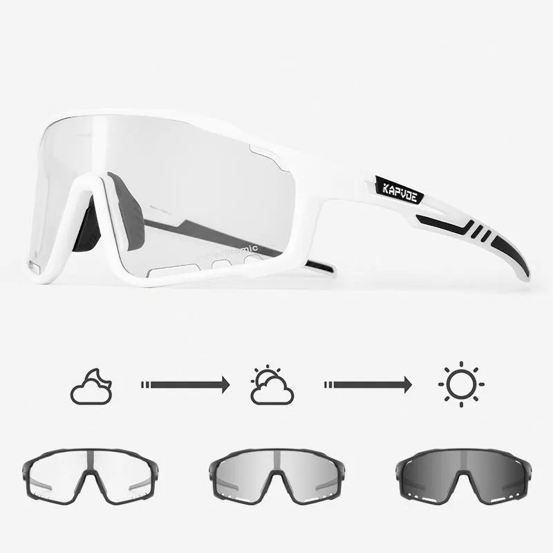 Photochromic cycling sunglasses with a semi-rimless TR90 frame in one of fourteen colour options.