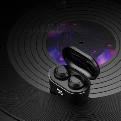Black bilateral earplug-style stereo Bluetooth headset with Bluetooth 5.0 and NFC.