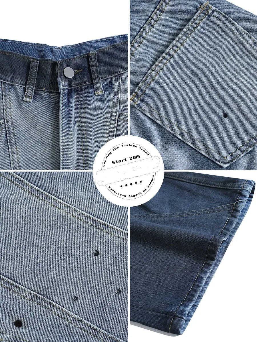 Blue tie-dye gradient cropped jeans with washed-out finish and loose fit