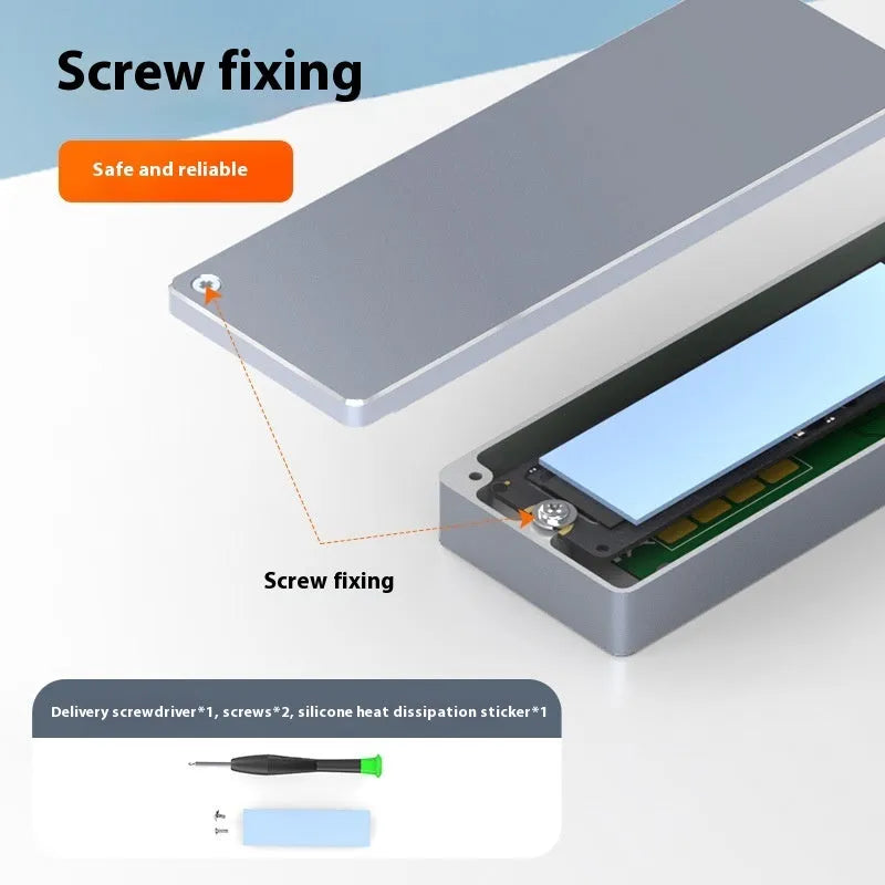Aluminium M.2 SATA SSD enclosure kit with USB Type-C cable, screwdriver, screws, and thermal pad.