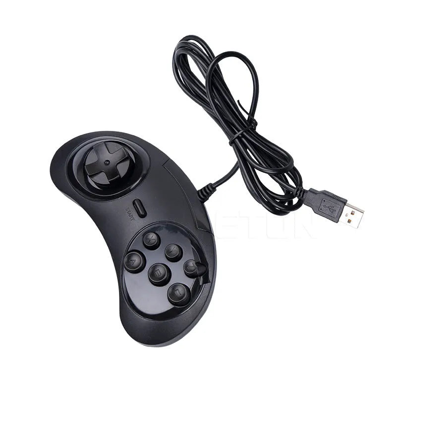 Black Sega USB PC gaming controller with 1.8 metre cable showing dimensions and custom logo option