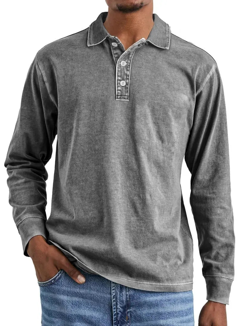 Retro washed distressed pure cotton long sleeve polo shirt with lapel collar in Army Green