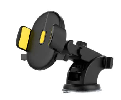 Yellow and black car phone holder with telescopic arm and suction cup mount on dashboard