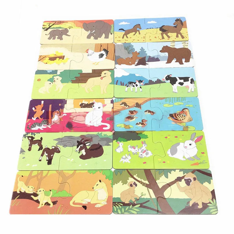 French children's puzzle game with 12 matching pairs of pictures and vocabulary words on paper plate