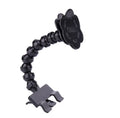 Black and white pet selfie stick with extendable arm, square clip, and flower clip on blister card packaging.