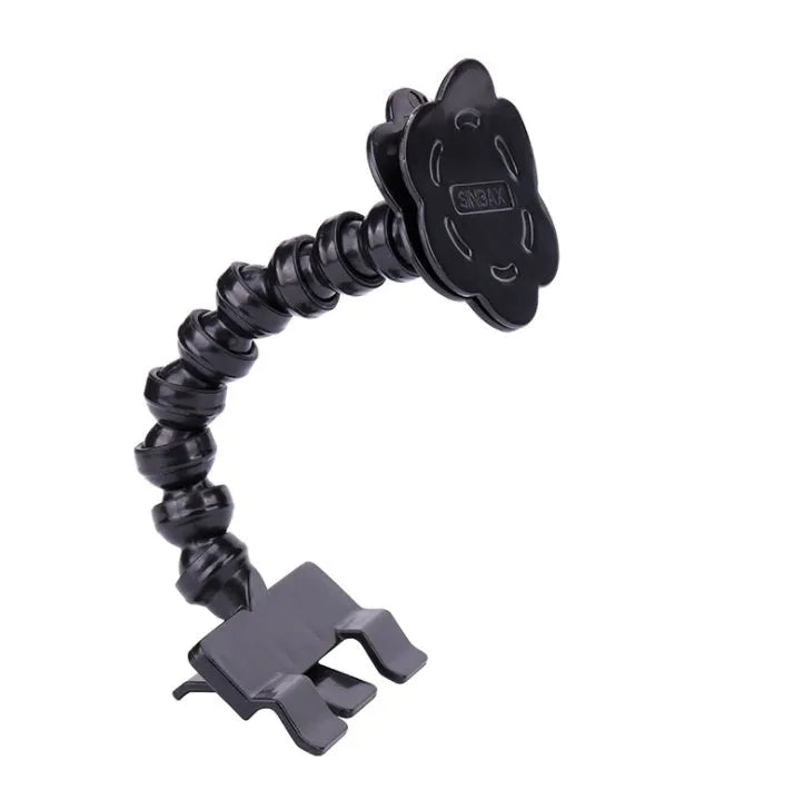 Black and white pet selfie stick with extendable arm, square clip, and flower clip on blister card packaging.