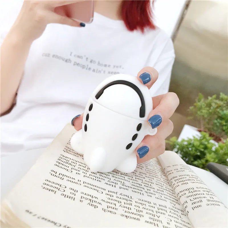 Cartoon aircraft headset design silicone flip case for Apple AirPods with carrying hook.