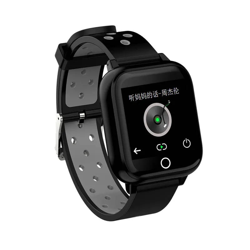 Black smartwatch with integrated Bluetooth earbuds charging in wristband cabinet