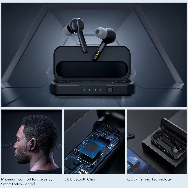 Black and white true wireless Bluetooth 5.0 earbuds with IPX5 waterproof rating