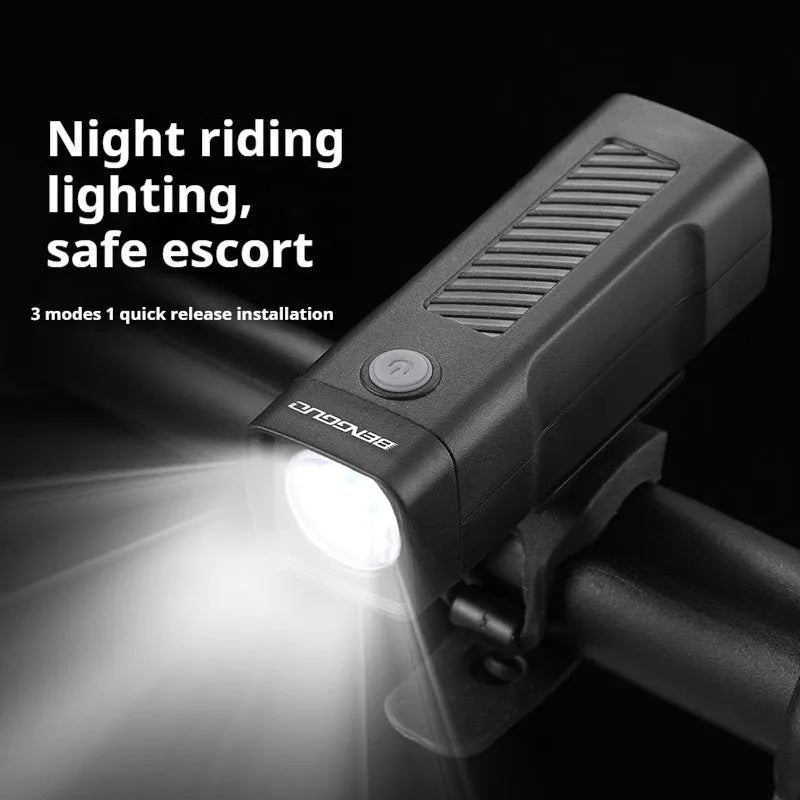 USB rechargeable bicycle headlight with quick-release strap on handlebars.