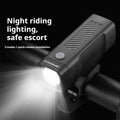 USB rechargeable bicycle headlight with quick-release strap on handlebars.