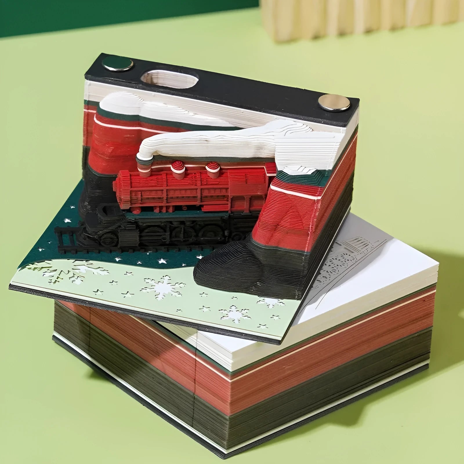 3D sticky notes pad with carved Qingshui Temple paper cover in Christmas Train colours.