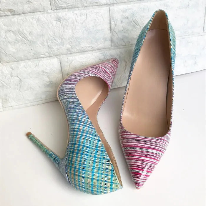 Ladies pink and blue gradient patent leather high heels with pointed toe.