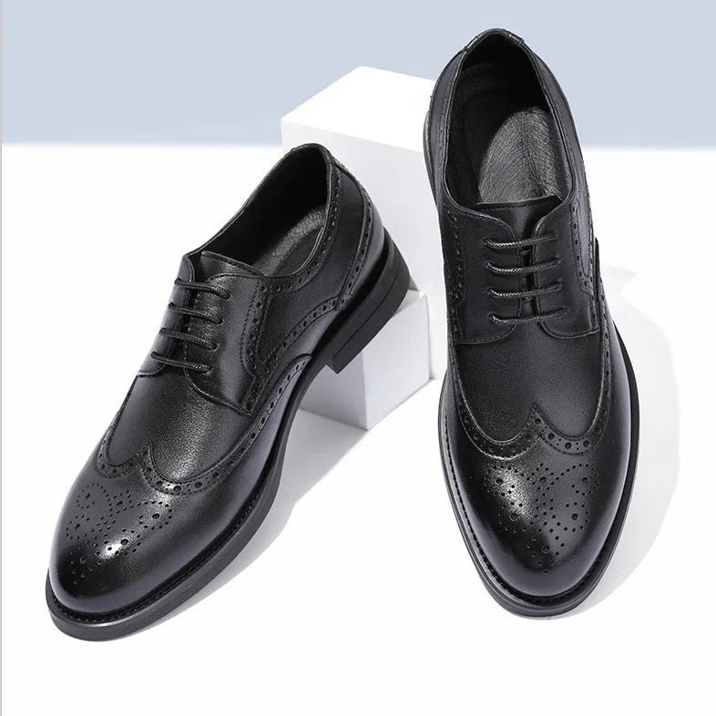 Men's black and brown business brogue leather shoes with traditional wingtip design