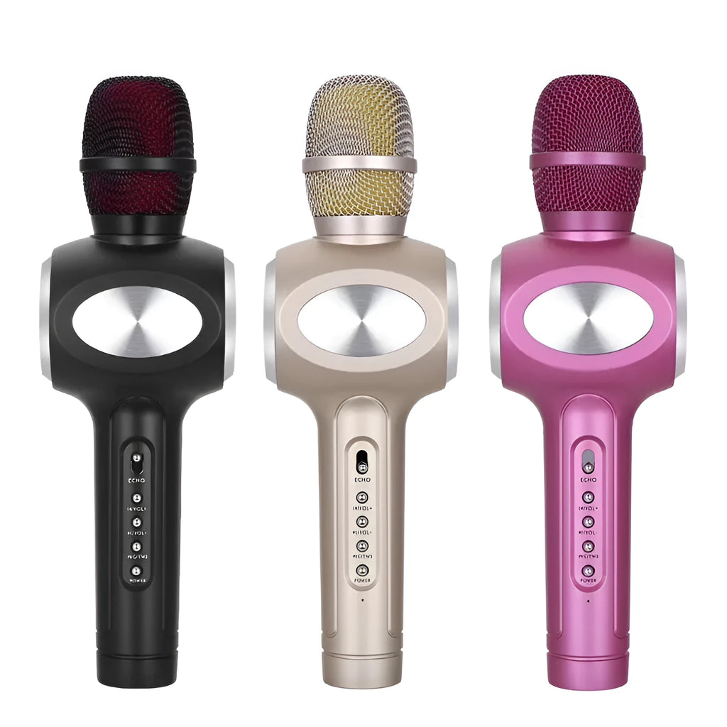 Yaerjia E108 mobile karaoke microphone in black, gold, or pink with built-in speaker