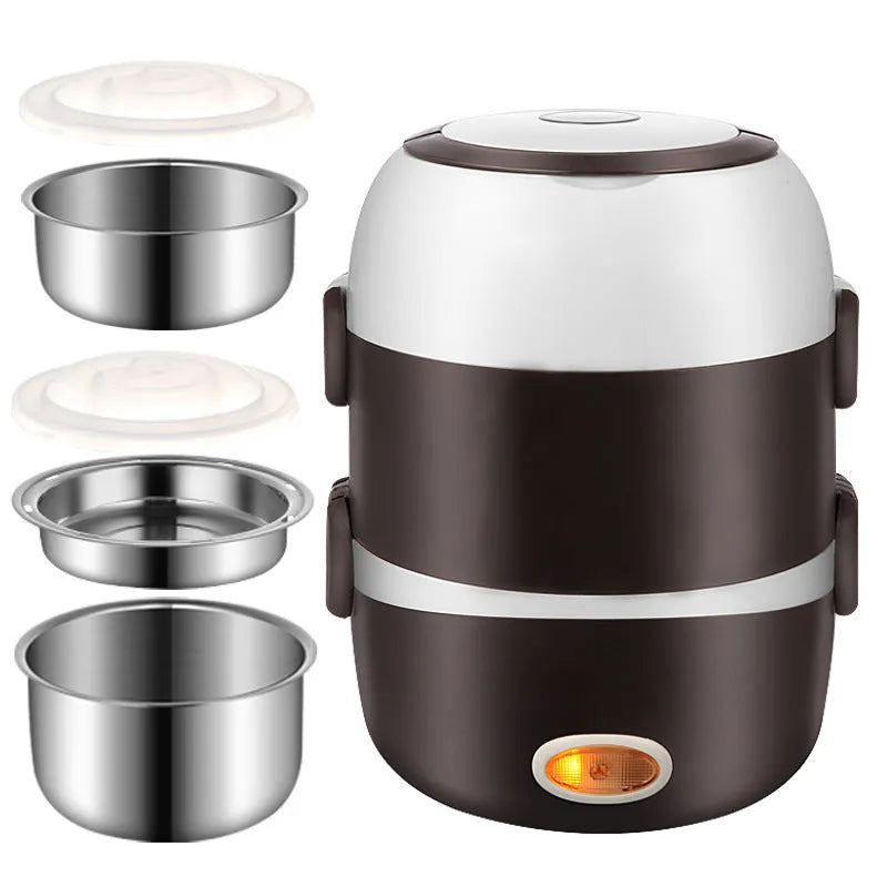 Insulated electric heating lunch box with USB port showing 190mm cube dimensions