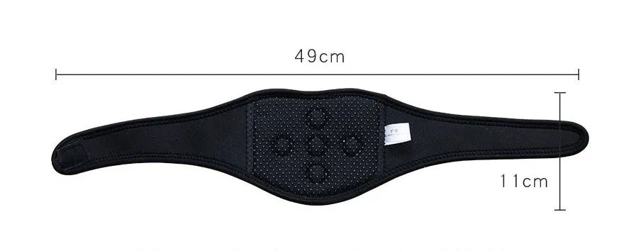 Black self-heating magnetic therapy neck guard with adjustable shoulder strap laid flat