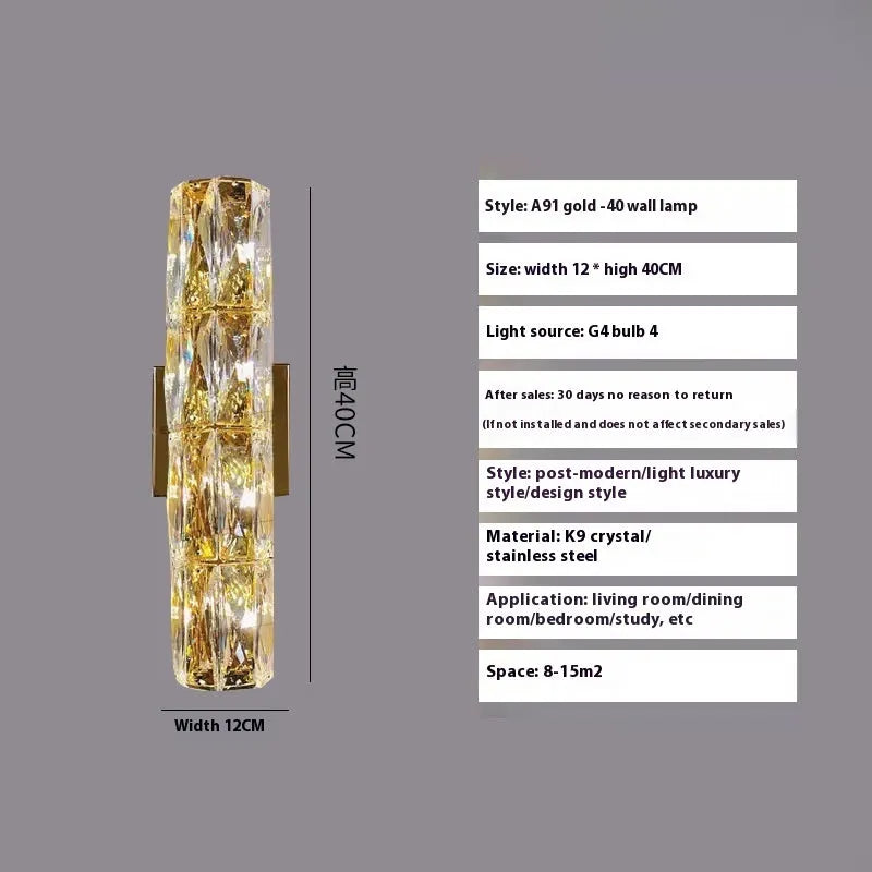 Crystal LED wall lamp with stainless steel frame in chrome finish showing tri-colour lighting