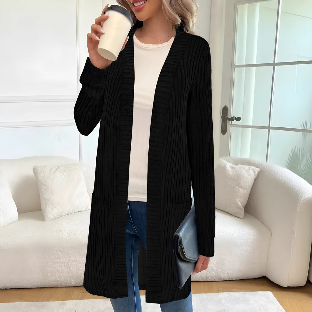 Long sleeve loose fit knitted cardigan jacket for women in black, wine red or grey plus sizes
