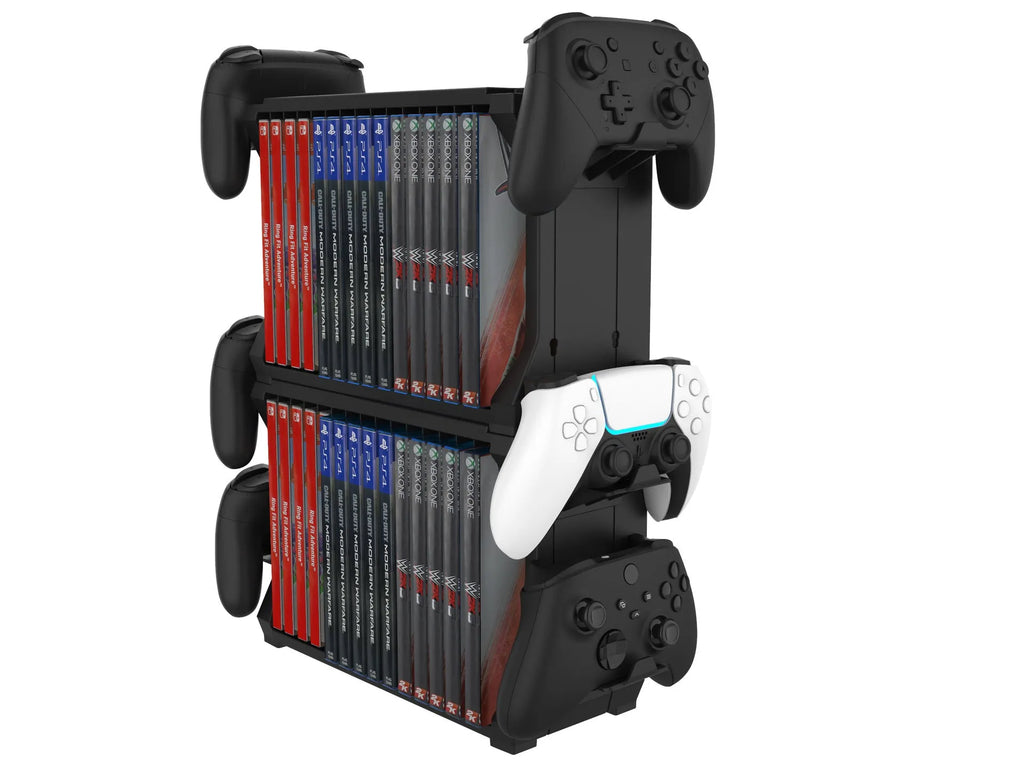 Black PS5 disc holder storing game cases and four controllers for multiple gaming consoles
