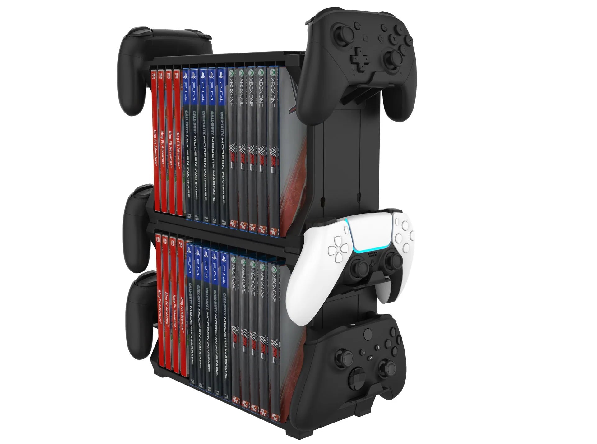 Black PS5 disc holder storing game cases and four controllers for multiple gaming consoles