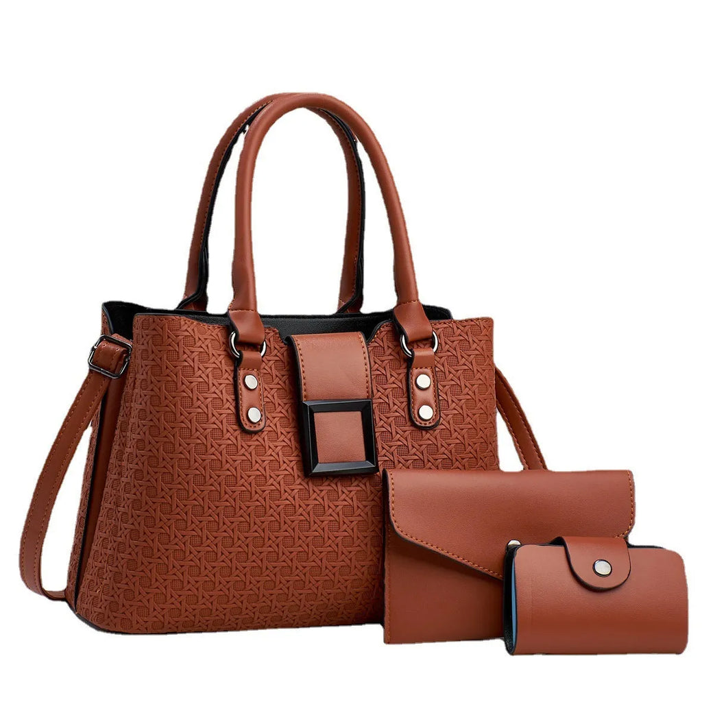 Women's three-piece textured PU leather crossbody bag set in a square vertical shape, shown in apricot colour with weaving detail.