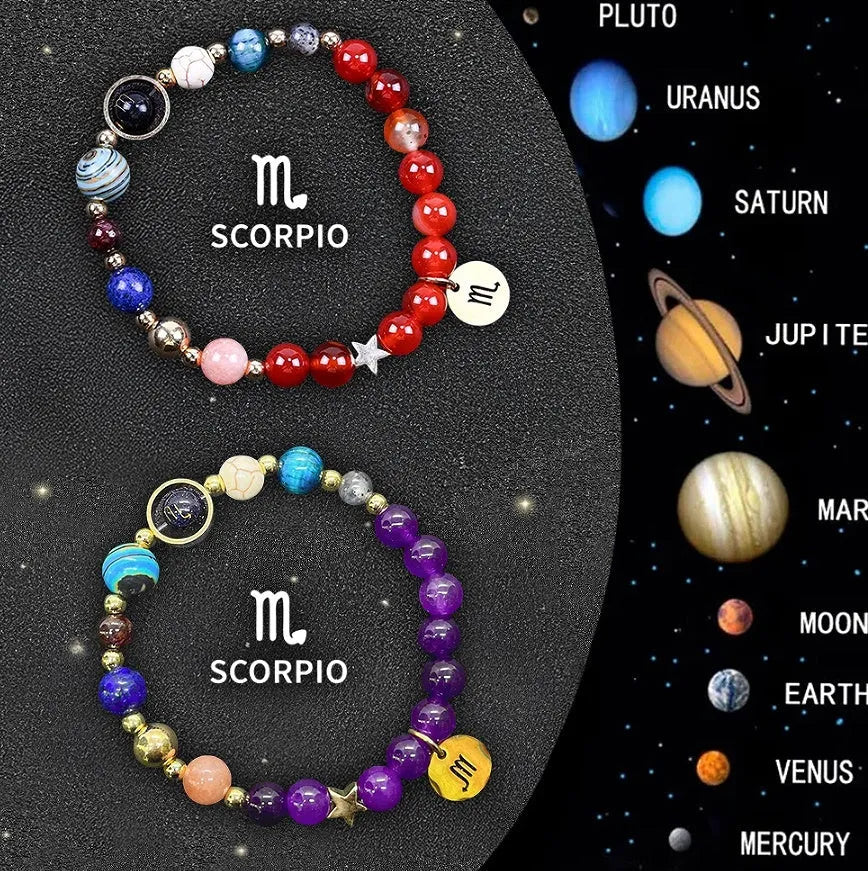 Set of two natural stone beaded bracelets featuring zodiac sign designs on an adjustable band.