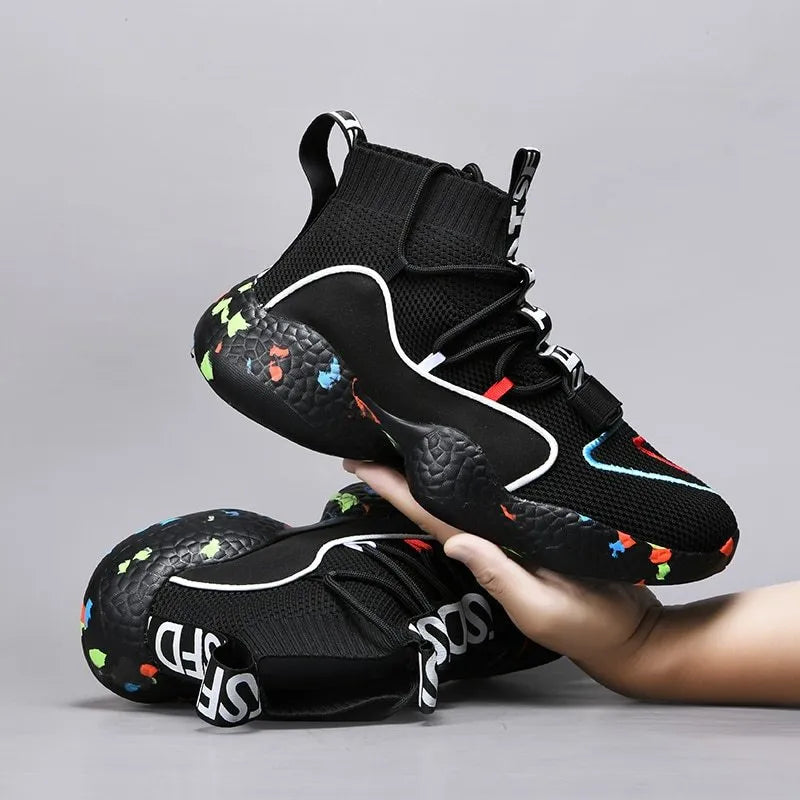 Men's camouflage vulcanize sneakers with mesh upper and striped pattern for casual running.