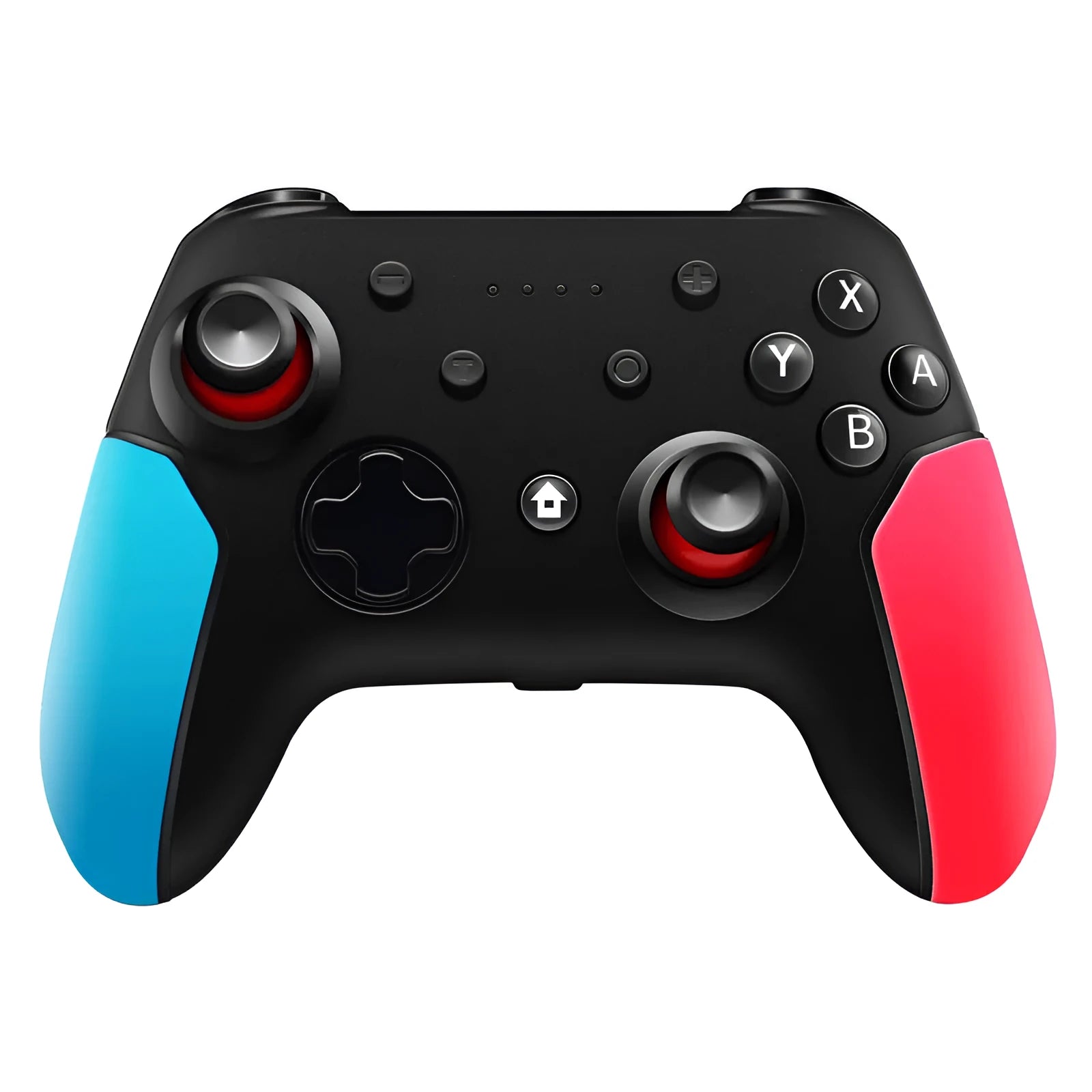 Bluetooth gamepad for Nintendo Switch and PC in left blue right red colour scheme on a white background.