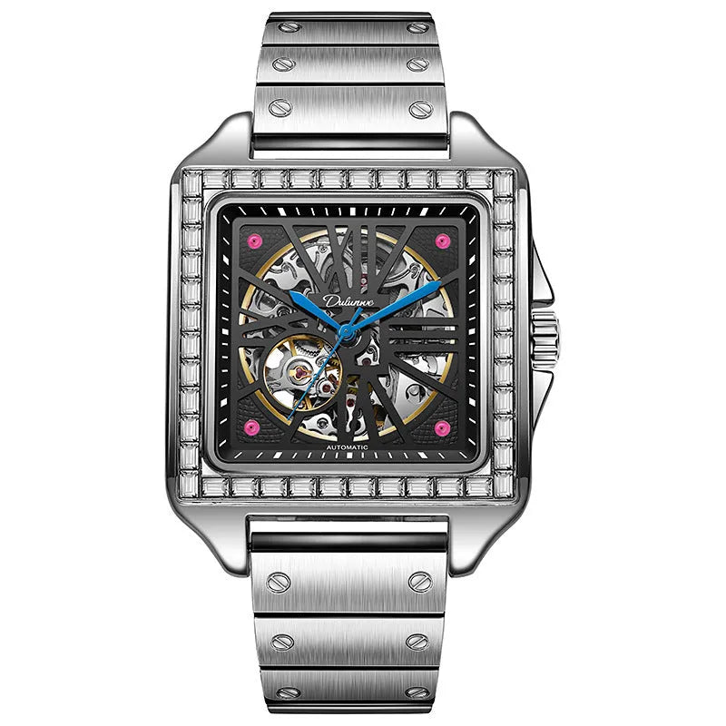 Men's square automatic watch with diamond-studded design on black leather strap