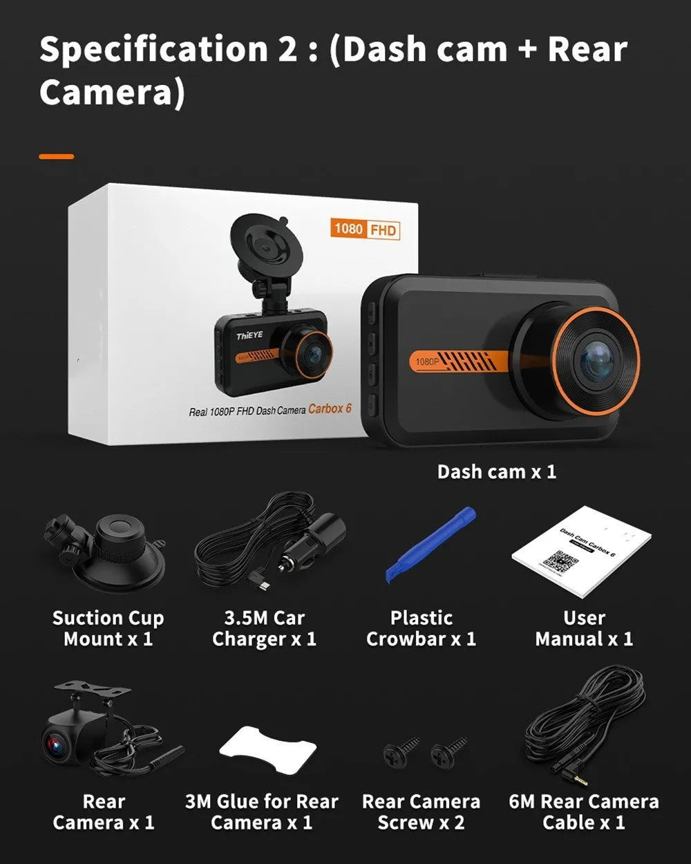 ThiEYE dual dash cam unit with 3-inch screen, rear waterproof camera, mounts, and installation accessories on a table.