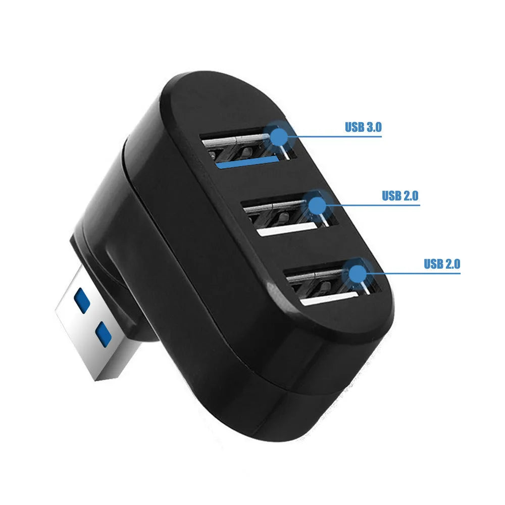 Black and white USB rotary splitter hub with four ports and ABS plastic casing