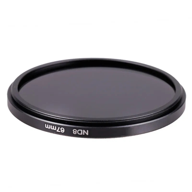 ND8 camera lens filter with silver aviation aluminium frame, showing front and side profile