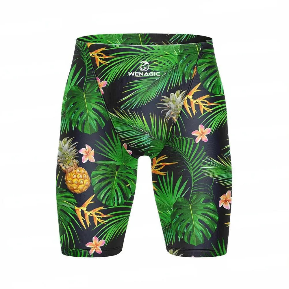 Men's solid colour Lycra blend briefs-style swimming trunks laid flat, showing size range from XS to 5XL.