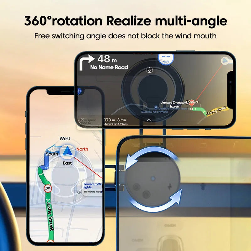 Telescopic folding car phone holder in black or silver, showing magnetic dashboard mount and extended arm.