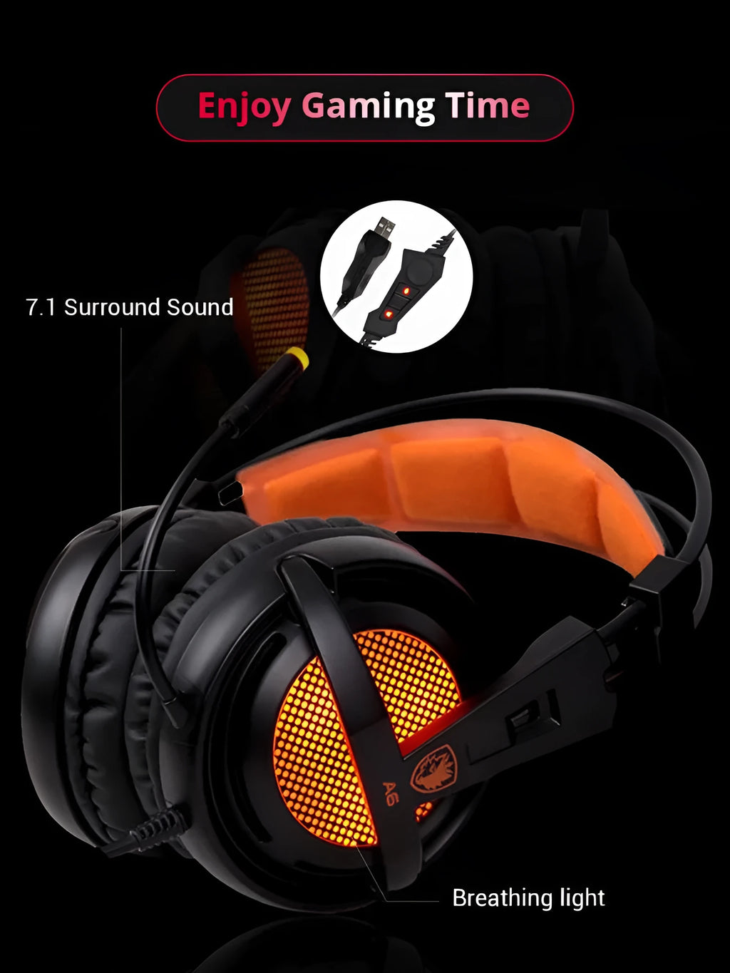 Black and white 7.1 channel USB gaming headset with LED lights on ear cups
