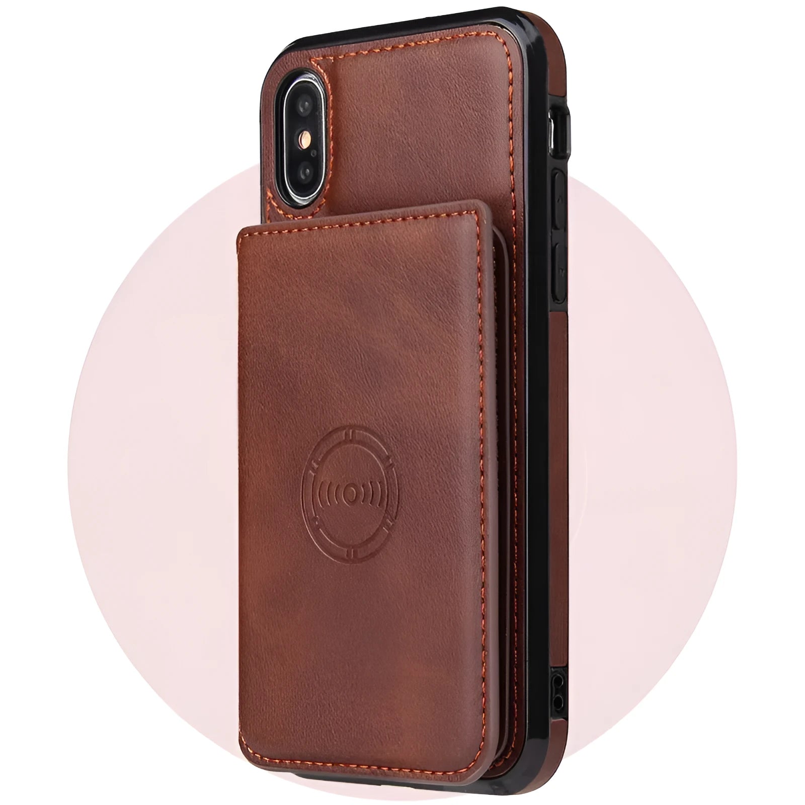 Imitation leather iPhone wallet case in black with card slots, shown on an iPhone 11.