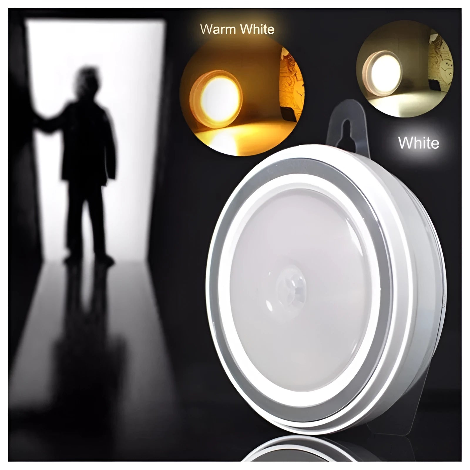 Wireless round motion sensor LED light with white plastic housing, shown mounted inside a wardrobe.