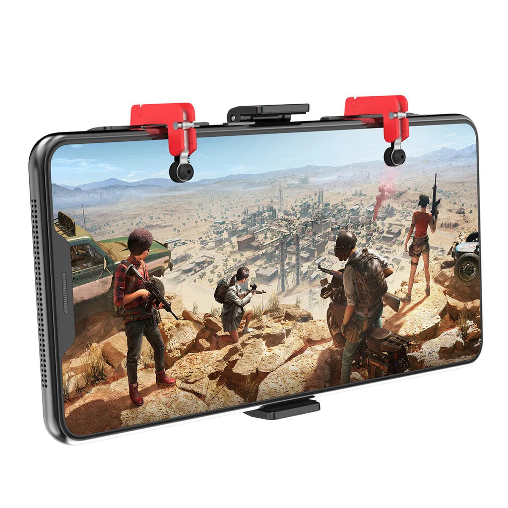 Black mobile phone game controller with adjustable metal trigger and telescopic fixing clip extended.