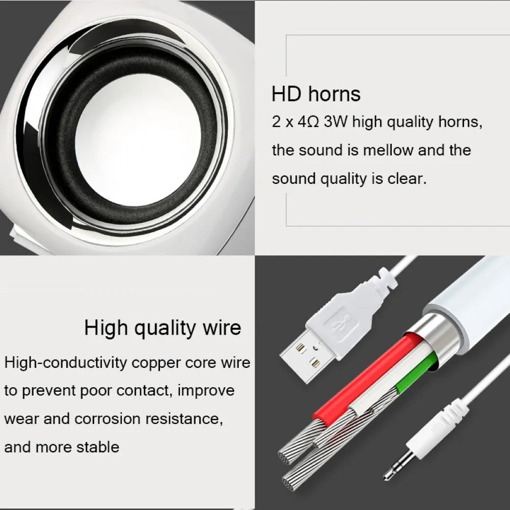 Black or white ABS mini computer speakers measuring 7.2cm with scroll wheel volume control