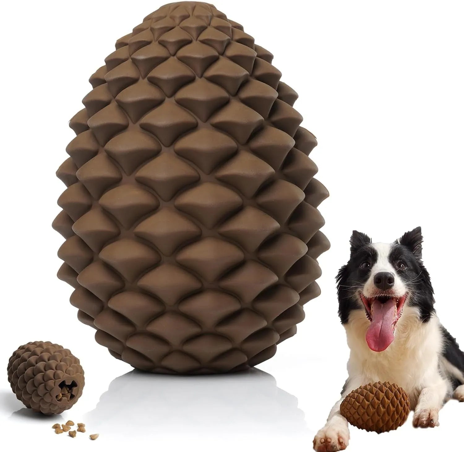 Yellow pine cone-shaped natural rubber dog chew toy with textured surface and treat dispenser hole.