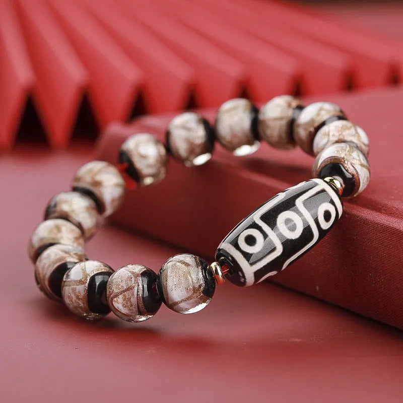 Chinese style bracelet with colourful glaze beads and a central snake charm, showing 10mm bead size option.
