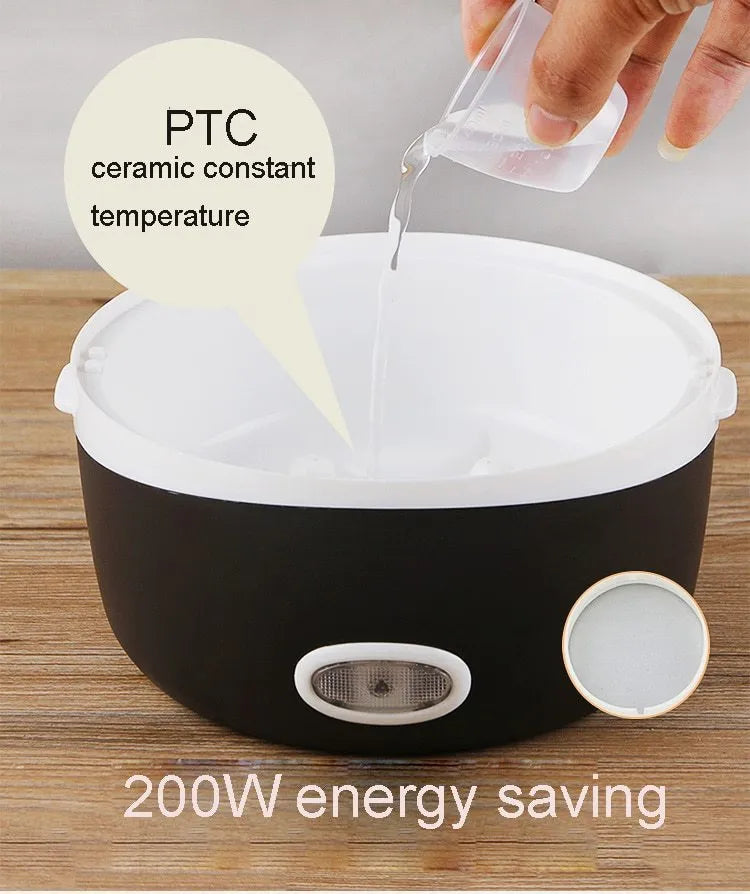 Insulated electric heating lunch box with USB port showing 190mm cube dimensions
