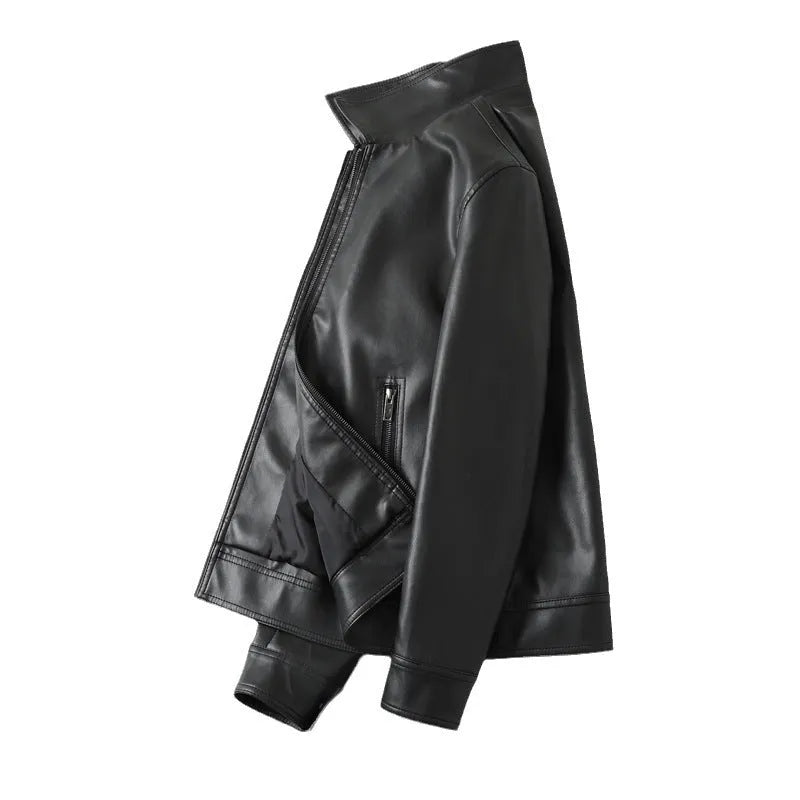 Black men's PU leather jacket with zip pockets and loose fit design