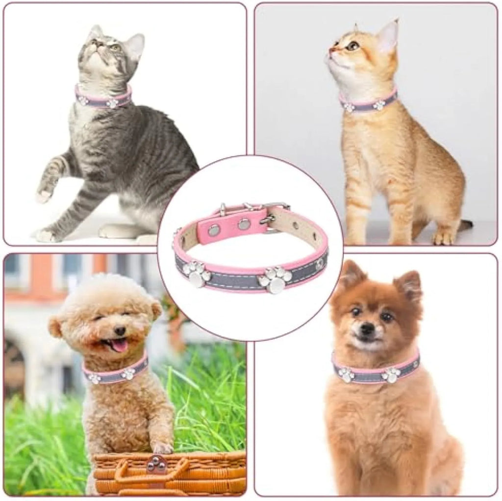 Reflective adjustable dog collar in soft PU leather with paw-shaped metal rivets