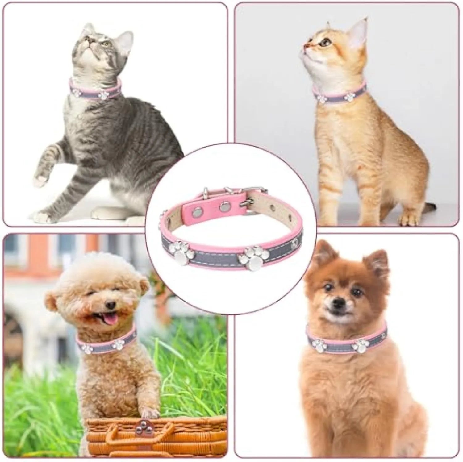 Reflective adjustable dog collar in soft PU leather with paw-shaped metal rivets