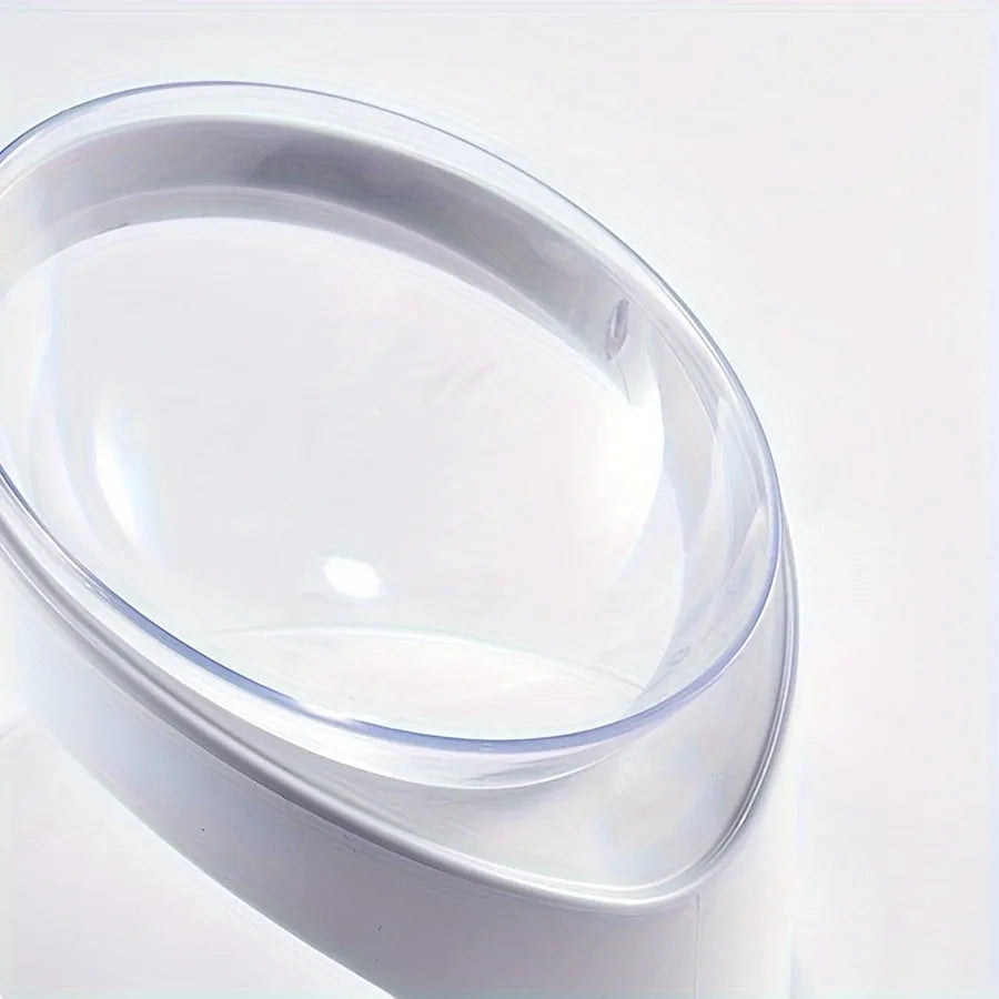 White elevated tilt cat food bowl made from clear durable plastic.