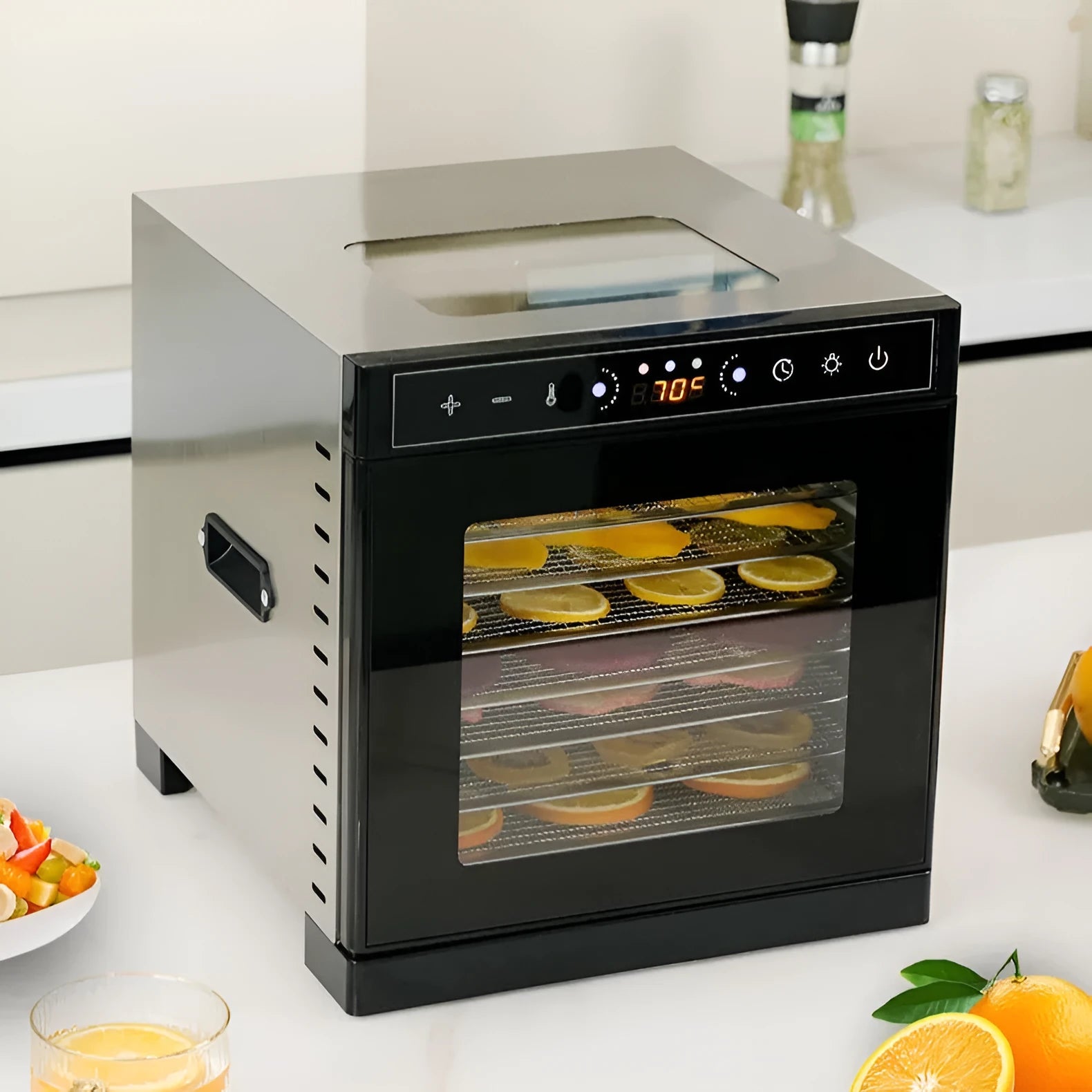 Stainless steel fruit dehydrator with 6 or 8 layers and LED panel for drying food