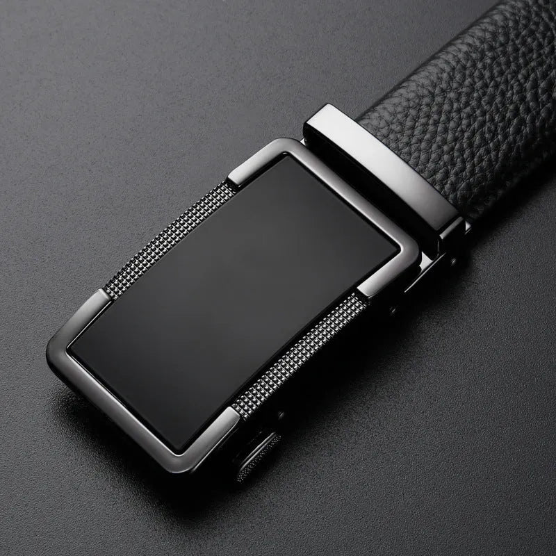Men's leather automatic buckle belt in gun black, showing the alloy buckle and length sizing.