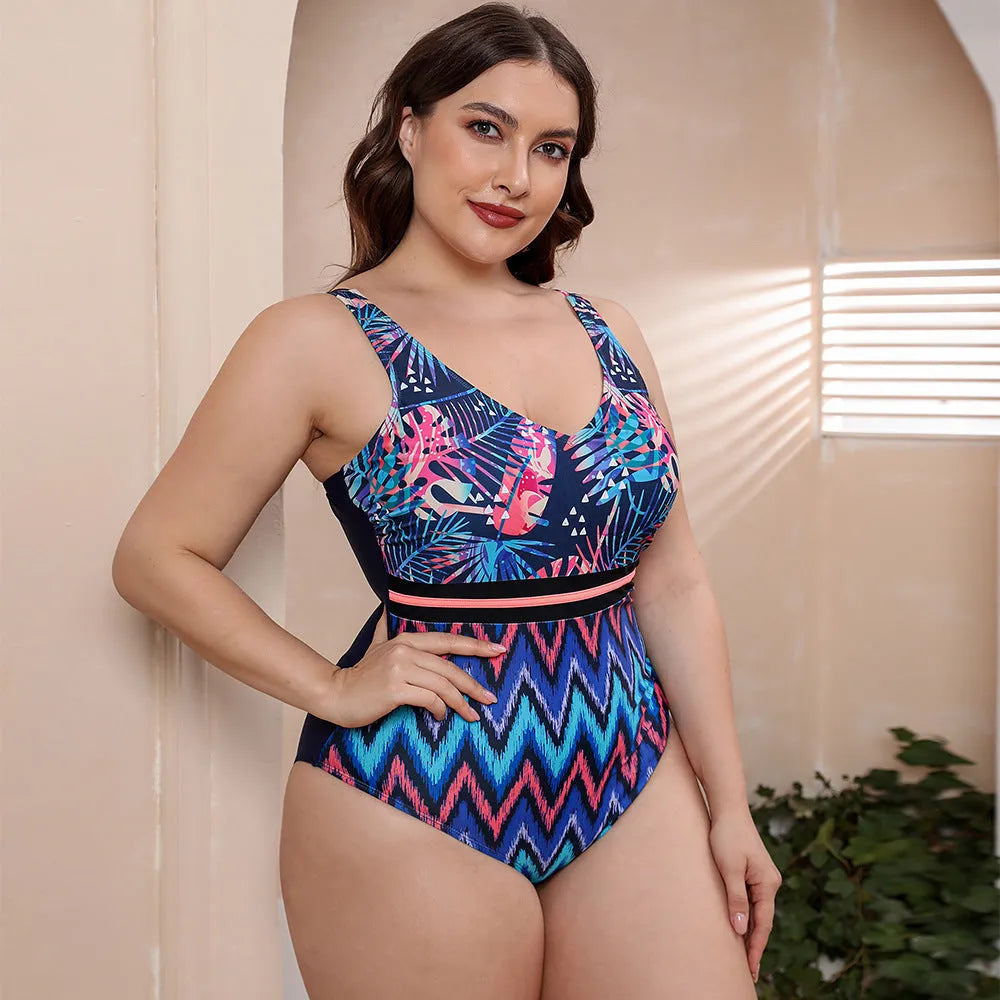 Women's striped vest print one-piece swimsuit with spaghetti straps in blue, white and green patterns